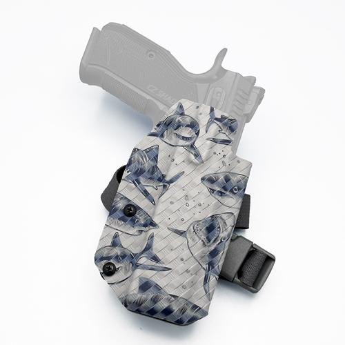 Custom OWB KYDEX holster for CZ Shadow 2 featuring a great white shark pattern, equipped with a 1" thigh strap for tactical use.