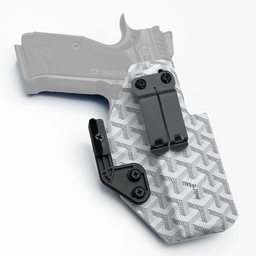 Custom IWB KYDEX holster for CZ Shadow 2 featuring a white Goyard pattern, equipped with a DCC Monoblock clip and Modwing for optimal concealment.