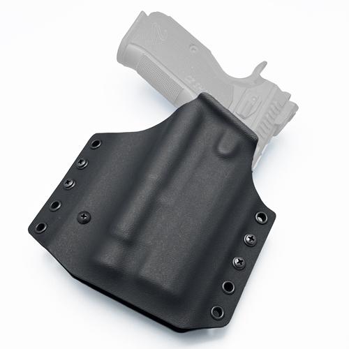 Custom black KYDEX OWB pancake holster designed for CZ Shadow 2 equipped with an Olight PL Pro weapon light.