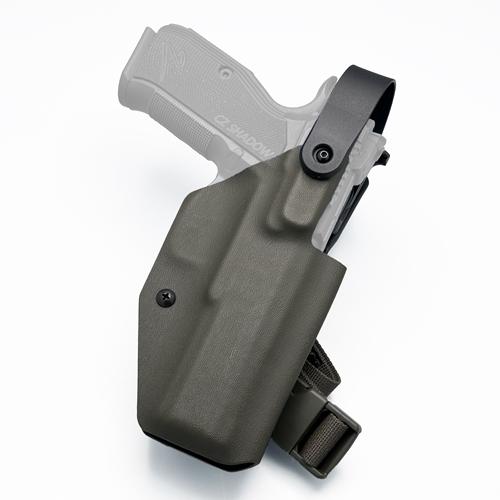 Custom OWB Level 2 retention KYDEX holster for CZ Shadow 2 in Ranger Green, featuring a safety hood and tactical leg strap.