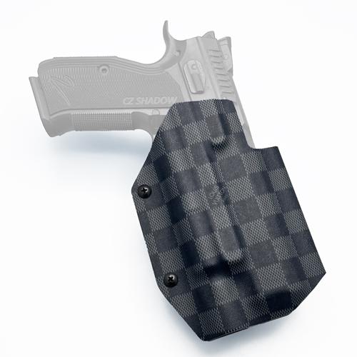 Custom OWB KYDEX holster for CZ Shadow 2 with Surefire X300U featuring a LV Damier Graphite pattern.