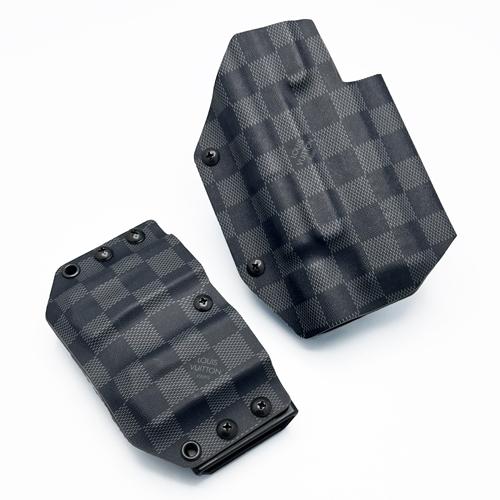 Custom OWB Taco style KYDEX holster and matching double magazine carrier set for CZ Shadow 2 with Surefire X300U/X300T, featuring a LV Damier graphite pattern.