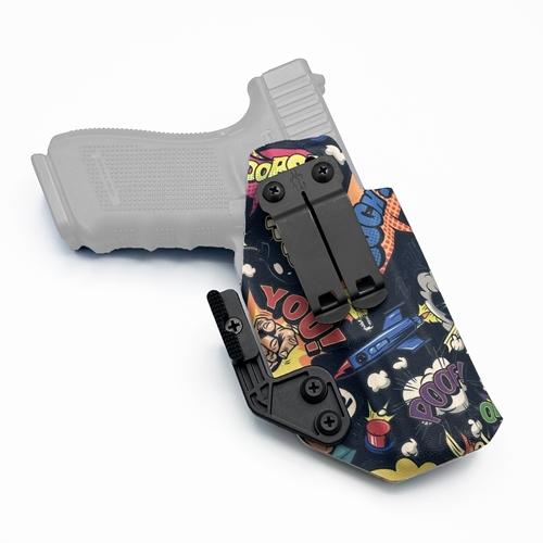 IWB KYDEX holster for Glock 21 featuring a DCC Monoblock clip, a Modwing concealment claw, and a colorful comic book pop art pattern.