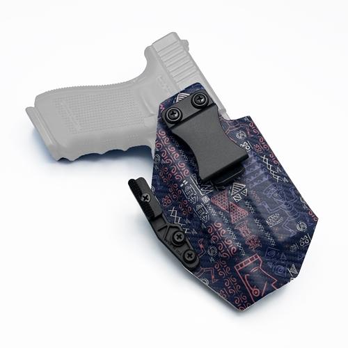 Optic cut IWB KYDEX holster for Glock 21 with Olight Baldr Pro R, featuring a tribal geometric pattern, wide belt clip, and Modwing concealment claw