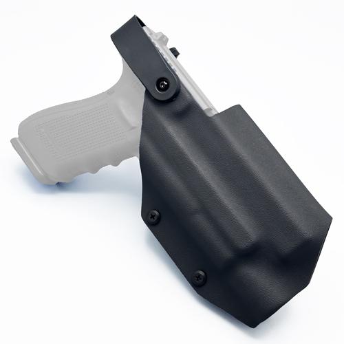 Black KYDEX Level 2 retention holster for Glock 21 equipped with a Surefire X300U weapon light, featuring an active safety hood.