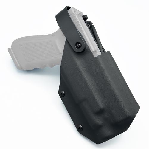 Black KYDEX Level 2 retention OWB holster for a Glock 21 equipped with a Streamlight TLR-1 or TLR-1 HL weapon light, featuring an active safety hood.
