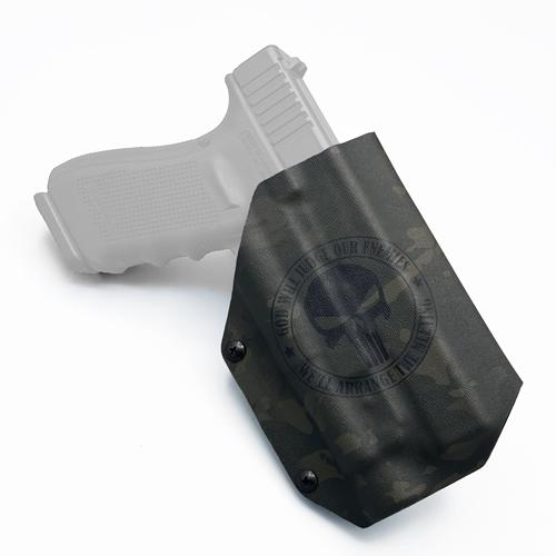Custom OWB Taco Style KYDEX Holster for Glock 21 with Streamlight TLR-1 in MultiCam Black featuring a Punisher skull logo.