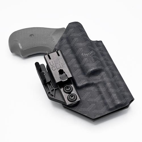 Custom KYDEX J Frame Holster for Smith & Wesson revolvers, featuring a Goyard pattern, Ulticlip XL attachment, and concealment claw.