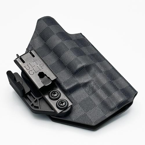 Appendix carry j frame holster in LV Damier Graphite KYDEX, upgraded with an Ulticlip XL attachment and Modwing concealment claw for secure carry.