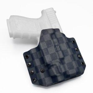 LV Damier Grapite pattern Pancake OWB KYDEX Holster for Glock 19 length pistol equipped with Streamlight TLR-7 series.