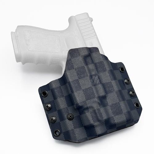 LV Damier Grapite pattern Pancake OWB KYDEX Holster for Glock 19 length pistol equipped with Streamlight TLR-7 series.