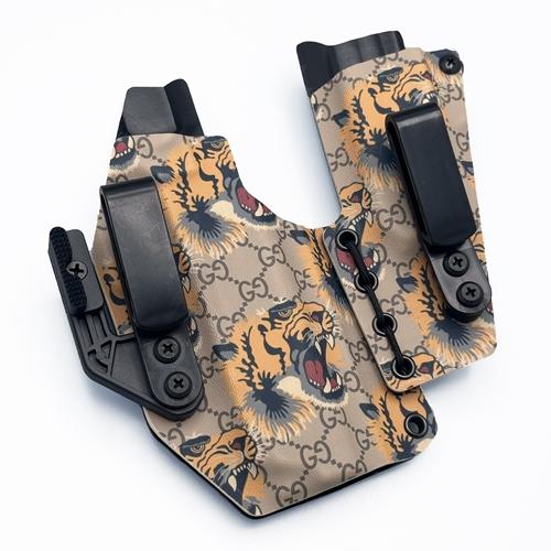 Right-handed AIWB KYDEX holster with attached mag carrier for Springfield Armory 1911 DS Prodigy 5", featuring a Gucci Tiger Monogram Pattern.