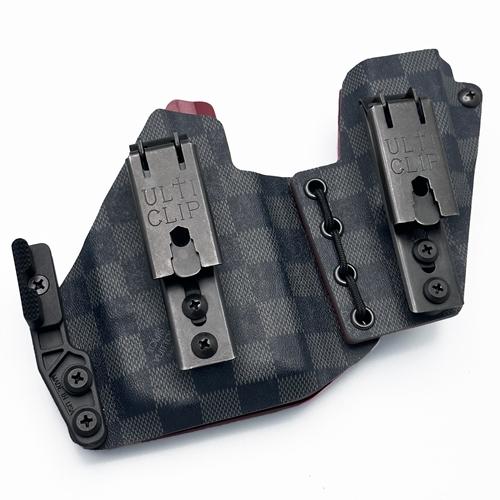 LV Damier Graphite KYDEX appendix carry rig p365 tlr-6 holster with integrated mag carrier, dual Ulticlip XL, and Modwing.