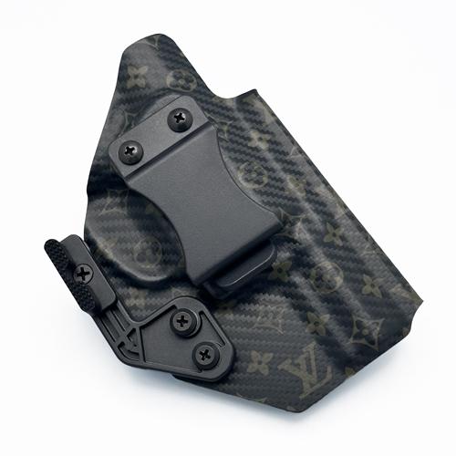 Carbon fiber texture KYDEX j frame holster with LV Monogram, complete with Quick Clip and concealment wing.
