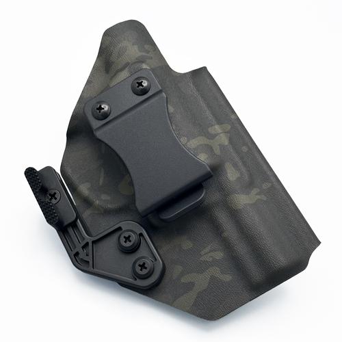 Black Multicam camouflage KYDEX j frame holster designed for inside the waistband carry, featuring a Quick Clip and Modwing.