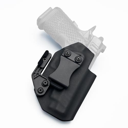 Black KYDEX Staccato C2 holster for IWB concealed carry, featuring a fomi clip and a Modwing concealment claw.
