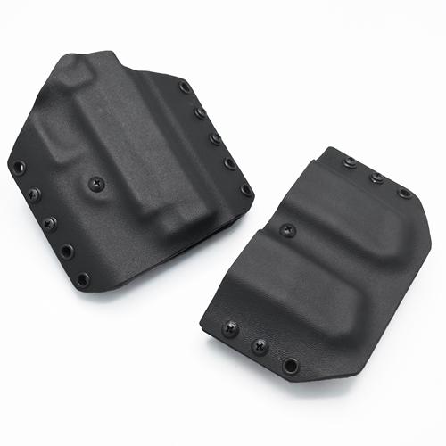 Black KYDEX Staccato C2 holster in OWB pancake style, shown next to a matching double magazine carrier