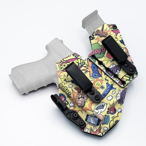 Custom comic print 2-piece appendix rig KYDEX holster with an integrated magazine carrier, specifically molded for a Glock 19 with an Olight PL-3 weapon light.