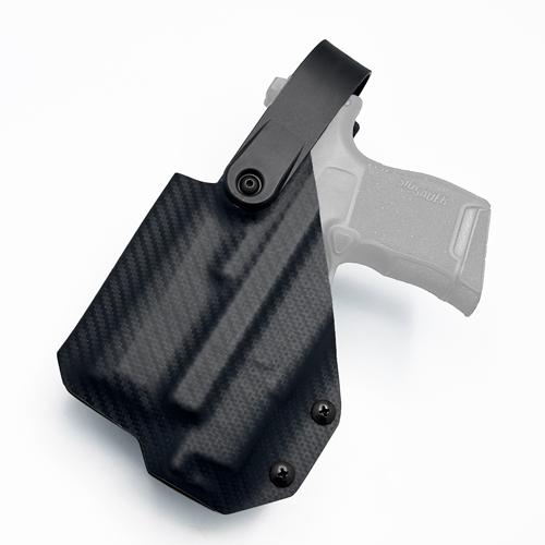 left-handed OWB Level 2 KYDEX holster in a black carbon fiber pattern for a Sig Sauer P365 with a weapon light, featuring an active retention - Level 2 Mechanism hood kit.