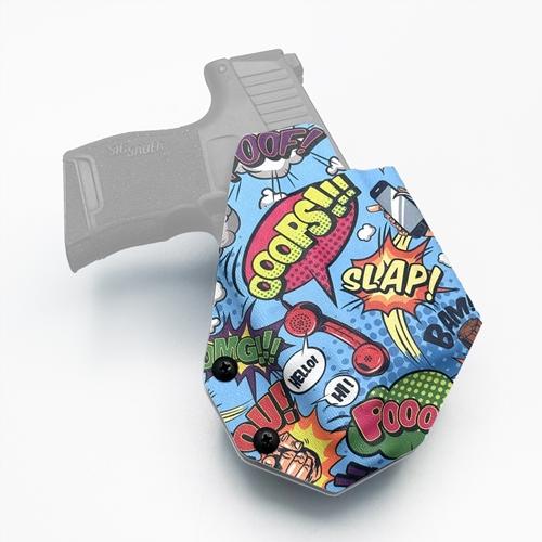 Outside the waistband (OWB) KYDEX holster featuring a colorful comic pop art graphic design, molded for SIG P365 with TLR-7 Sub.