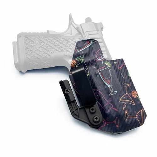 Custom IWB KYDEX Staccato C2 holster featuring a neon cocktail pattern, equipped with an angled clip and a modwing