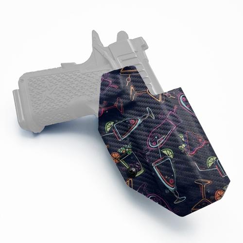 Custom OWB taco style KYDEX Staccato C2 holster featuring a neon cocktail drink pattern