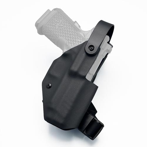 OWB Level 2 KYDEX Staccato C2 holster featuring a retention strap and a leg strap