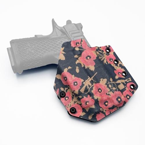 Custom KYDEX Staccato C2 holster designed for a Streamlight TLR-7A, featuring a red poppy floral and rifle pattern.