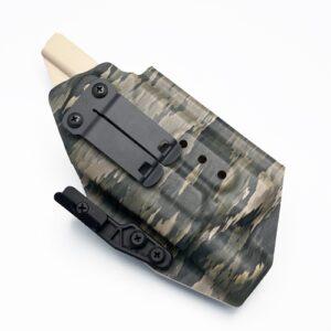 Right-handed IWB Kydex holster in A-TACS iX camo pattern for Glock 17 and Glock 19 with Surefire X300 flashlight, featuring DCC Monoblock clip and Modwing to minimize printing.
