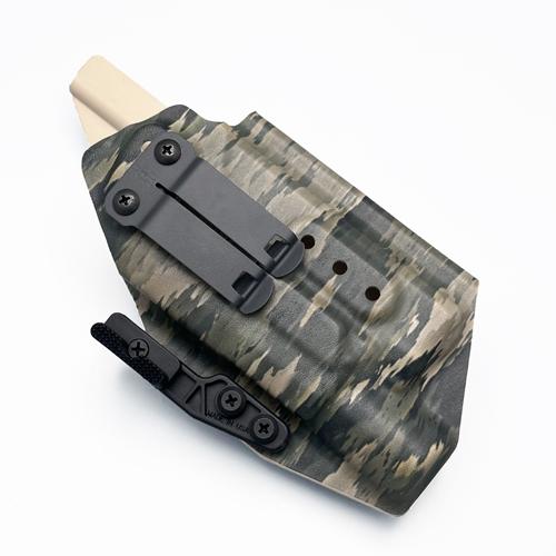 Right-handed IWB Kydex holster in A-TACS iX camo pattern for Glock 17 and Glock 19 with Surefire X300 flashlight, featuring DCC Monoblock clip and Modwing to minimize printing.