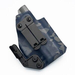 Front view of Right-handed KYDEX IWB Holster in MultiCam Black pattern for Glock 26 equipped with DCC Monoblock and Modwing