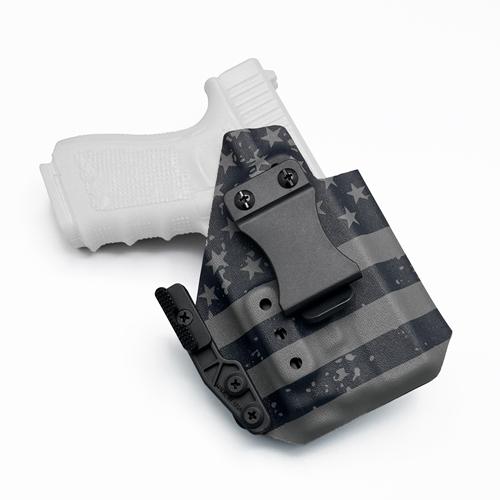 IWB glock 19 baldr s holster in US flag pattern with nylon polymer clip and Modwing (ซองพกใน KYDEX ลายธงชาติอเมริกา สำหรับ Glock 19 ติดไฟฉาย Olight Baldr S พร้อม Quick Clip และ Modwing)