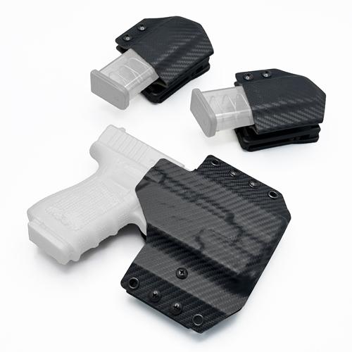 OWB glock 19 baldr s holster and single magazine pouches in carbon fiber pattern (ชุดซองพกนอกและซองแม็กกาซีนเดี่ยว KYDEX ลายคาร์บอน ไฟเบอร์ สีดำ สำหรับ Glock 19 Olight Baldr S)