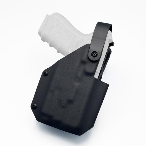 Tactical Level 2 OWB glock 19 baldr s holster in black with active retention (ซองพกนอก สีดำ ระบบ Level 2 มีระบบล็อคกันแย่งปืน สำหรับ Glock 19 ติดไฟฉาย Olight Baldr S)