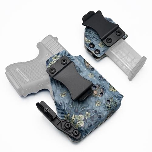 AIWB g26 tlr-6 holster rig with separate magazine pouch in blue floral basketweave pattern (ซองพกในพร้อมซองแม็กกาซีนแบบเดี่ยว สำหรับ Glock 26 Streamlight TLR-6 )
