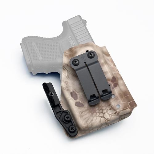 Kryptek camo IWB glock 26 tlr-6 holster equipped with a DCC Monoblock clip and Modwing claw (ซองพกในลายพราง Kryptek ทะเลทราย สำหรับ Glock 26 ติดไฟฉาย TLR-6 DCC Monoblock และ Modwing ช่วยลด Printing)
