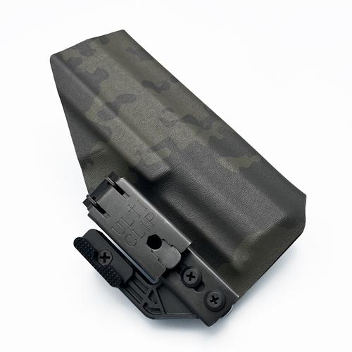Custom KYDEX HK P2000SK holster for inside the waistband (IWB) carry, showing the MultiCam Black finish, UltiClip, and Modwing for reduced printing.