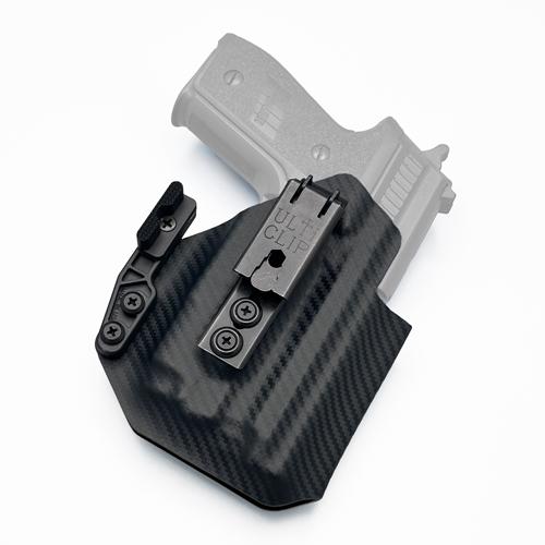 Custom light-bearing P229 holster designed for Olight Baldr Mini featuring Ulticlip XL and Modwing (ซองพกใน KYDEX SIG P229 ติดไฟฉาย Olight Baldr Mini ลายคาร์บอนไฟเบอร์ สีดำ ติดตั้ง Ulticlip XL + Modwing)