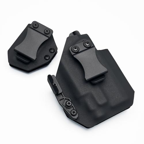 Black KYDEX IWB holster equipped with Quick Clip and Modwing for SIG Sauer M18 with Streamlight TLR-8, displayed next to a matching single mag carrier.