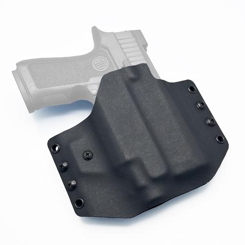 Black KYDEX Pancake OWB holster holding a SIG Sauer P320 Xcompact 3.6 inch pistol equipped with a Streamlight TLR-8