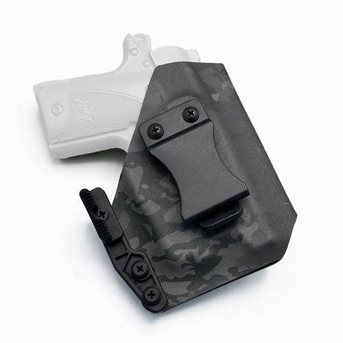 IWB KYDEX holster for Kimber Micro 9 with Streamlight TLR-6 in MultiCam Black on Graphite pattern, featuring a Quick Clip (FOMI) and Modwing (ซองพกใน KYDEX สำหรับ Kimber Micro 9 ติดไฟฉาย Streamlight TLR-6)