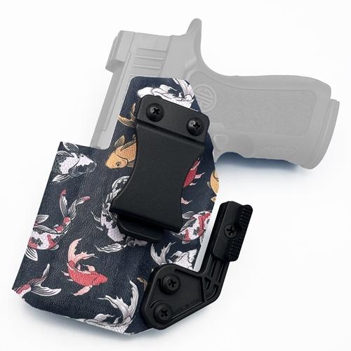 Left-handed Koi fish pattern KYDEX IWB holster equipped with a Quick Clip and Modwing, holding a SIG Sauer P320 Xcompact 3.6 inch pistol.