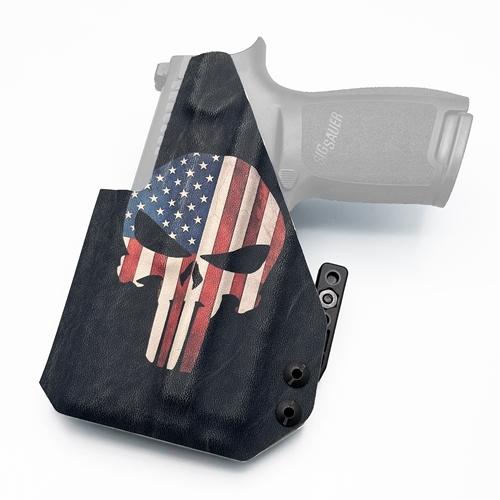 Back view of a Punisher US Flag pattern KYDEX IWB holster with high sweatguard for SIG Sauer P320 3.9 inch pistol equipped with an Olight Baldr S (ซองปืนติดไฟฉาย SIG Saer P320 Olight Baldr S)