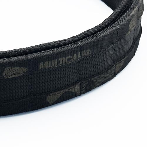 Close up of RAPTOR tactical belt showing MOLLE webbing in MultiCam Black pattern