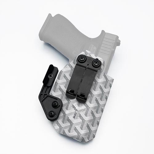 Goyard pattern IWB KYDEX holster with DCC Monoblock and Modwing in Glock 48 MOS length for Glock 43X with Radian Afterburner + Ramjet (ซองปืนพกใน KYDEX ลาย Goyard Monoblock และ Modwing มิติความยาว Glock 48 MOS สำหรับรองรับปืน Glock 43X ที่ใส่ชุดคอมพ์ Radian Afterburner + Ramjet)